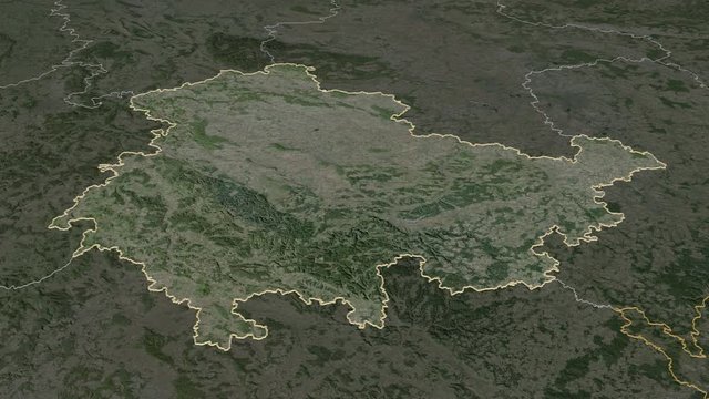 Th&uuml;ringen, state with its capital, zoomed and extruded on the satellite map of Germany in the conformal Stereographic projection. Animation 3D