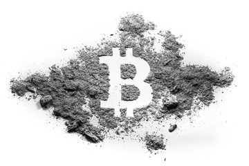 Bitcoin sign symbol made in ash, dust or dirt as bad investment money, crypto curreny, economy...