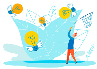 Creative Ideas Metaphor Flat Vector Illustration. Man, Boy with Butterfly Net Catching Winged Lightbulbs Cartoon Character. Looking for Innovations, Searching Inspiration. Fresh Thinking Concept