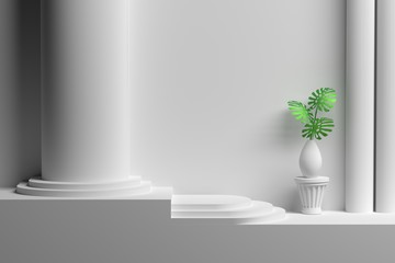 Abstract white composition with wall, large column and decorative vase with Monstera plant leaf.