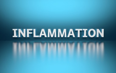 Single word Inflammation scientific term written in white bold letters on blue background over reflective surface.