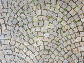 Top view of footpath tiles. Cobble Eath tone stone arrange as wave.