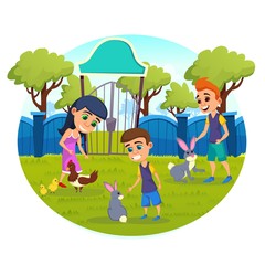 Obraz na płótnie Canvas Children Caress, Feeding and Playing with Animals and Birds in Petting Zoo Park, Chicken with Chicks and Little Rabbits Walking on Field on Nature Landscape Background Cartoon Flat Vector Illustration