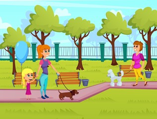 Obraz na płótnie Canvas Informational Banner Walk in Park Cartoon Flat. Festival and Fair Movement is Popular with Families with Children. Women with Children have Fun Walking Dogs in City Park. Vector Illustration.