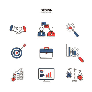Icons set of business, finance, data analysis, growth. Handshake icon, discussion, search for employees, goal, portfolio, growth, analysis, manet dollar and watches on the scales. Vector illustration