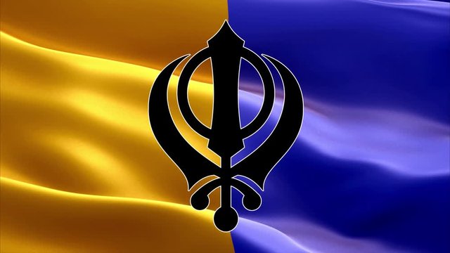 The main symbol of sikhism is the khanda sign on the background of an waving Khalistan flag, video, 4K