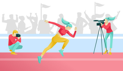 Fototapeta na wymiar Cartoon Woman Runner Character Jogging. Sport Competitions. Sports Correspondent Recording Video and Taking Photos. Marathon Race and Tournament Broadcast. Keep Running. Vector Flat Illustration