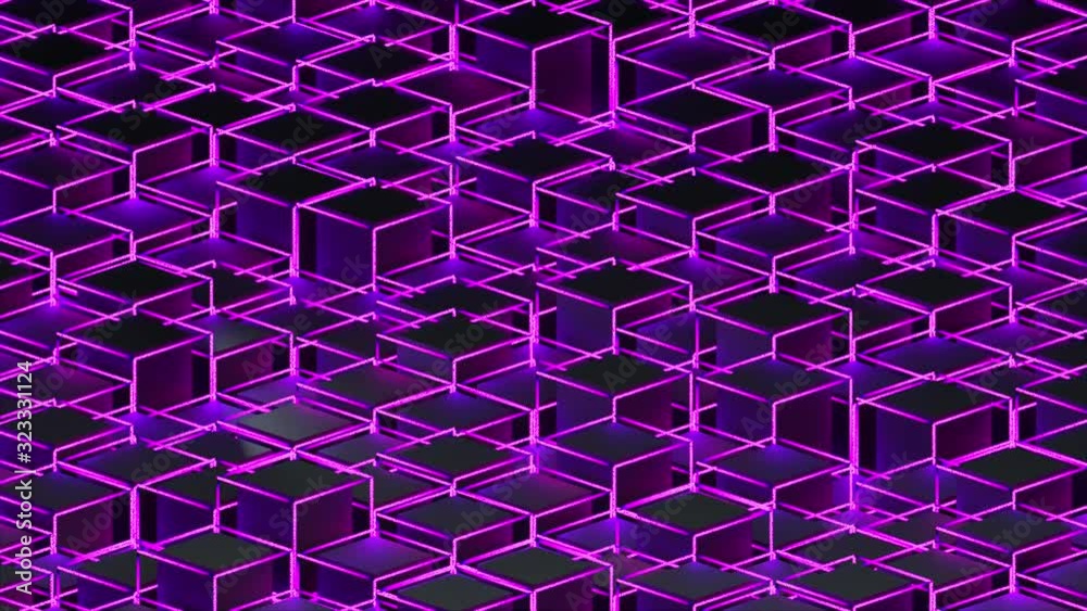 Poster 3d rendering background of isometric neon cubes located at different levels. computer generated abst