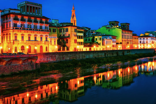 Embankment of Arno River in Florence night
