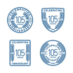 105 years anniversary celebration logotype. One hundred fifth anniversary logo collection. Set of anniversary design template. Vector and illustration.