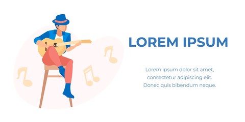 Young Man Wearing Scenic Costume Playing Acoustic Guitar Sitting on High Chair . Pop Musician Character, Guitarist, Virtuoso Music Player Performing Cartoon Flat Vector Illustration, Horizontal Banner