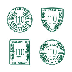 110 years anniversary celebration logotype. One hundred tenth anniversary logo collection. Set of anniversary design template. Vector and illustration.