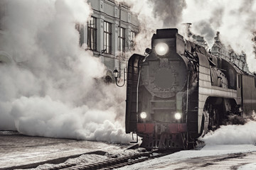 Steam train departs from Riga railway station. Moscow.