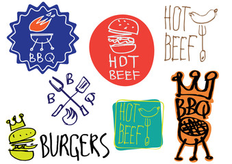 Set of hand made calligraphy logo and stickers for BBQ and burgers. Sketches and free line.