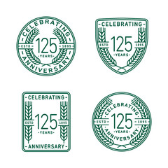 125 years anniversary celebration logotype. One hundred twenty fifth anniversary logo collection. Set of anniversary design template. Vector and illustration.