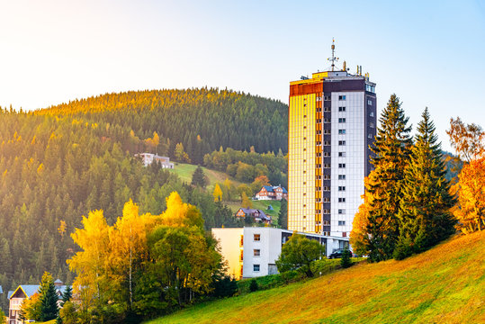 Modern high building in the centre of Pec pod Snezkou in Giant Mountains, Krkonose National Park, Czech Republic