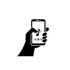 Smartphone in hand icon vector illustration isolated on white background. Listening or choosing music in phone