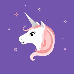 Unicorn. Vector illustration of lovely unicorn head with opened eyes isolated on  background. Cute cartoon character