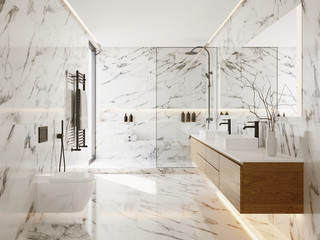 3d White marble interior of modern bathroom - obrazy, fototapety, plakaty