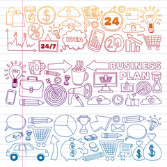 Business and management background. Pattern with finance icons. Conceptual illustration of projects organization, risk, development. Team working, budget planning.