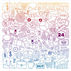 Business and management background. Pattern with finance icons. Conceptual illustration of projects organization, risk, development. Team working, budget planning.