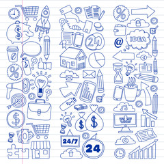 Business and management background. Pattern with finance icons. Conceptual illustration of projects organization, risk, development. Team working, budget planning.