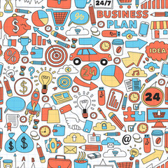 Business and management background. Pattern with finance icons. Conceptual illustration of projects organization, risk, development. Team working, budget planning.