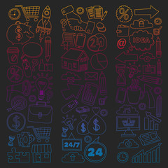 Business and management background. Pattern with finance icons. Conceptual illustration of projects organization, risk, development. Team working, budget planning.