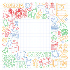 Movie, cinema set. Pattern doodle background with vector icons. Video TV.