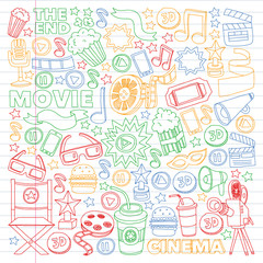 Movie, cinema set. Pattern doodle background with vector icons. Video TV.