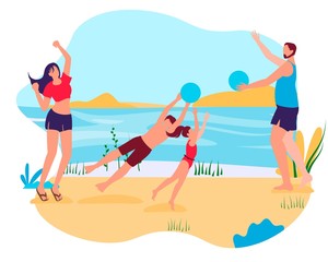 Summer Time Vacation Sparetime. Happy Family of Father, Mother, Daughter and Son Playing with Balls on Seaside or River Coast Line. Summertime Activity, Leisure, Relax Cartoon Flat Vector Illustration