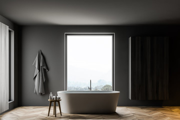 Gray bathroom interior with tub and cabinet
