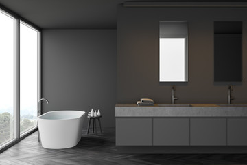 Obraz na płótnie Canvas Gray bathroom interior, tub and sink