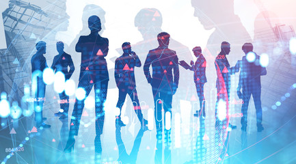 Diverse investors in city, financial graph