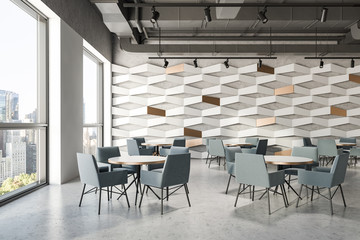 Gray ceiling geometric pattern cafe interior