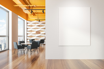 Yellow ceiling geometric pattern cafe with poster