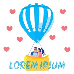 Couple in Love Travelling in Air Hot Balloon Card. Cartoon Man and Woman Hugging. Hearts Shape Design. Romantic Trip. Wedding, Engagement, Valentines Day Greeting. Vector Flat Illustration