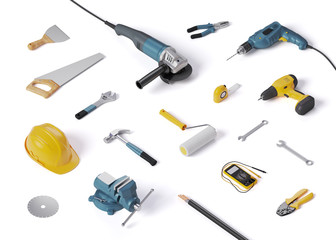 helmet, drill and other construction tools, 3D illustration