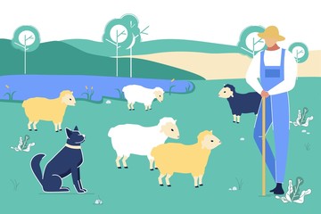 Shepherd with Dog Gaze Sheep on Green Field at Summer Time. Man in Chaff Hat Stand with Long Stick on Meadow with Rams Eating Green Grass. Villager Working Outdoors. Cartoon Flat Vector Illustration