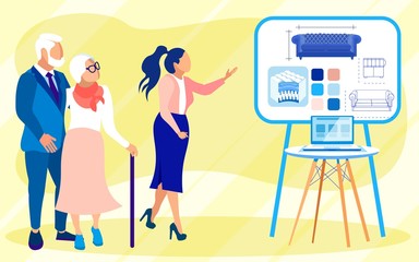 Young Stylish Woman, Sales Representative, Promoting Couch with Mattress to Senior Couple, Willing to Buy New One. Schematic Representation. Upholstery Color Palette. Laptop Infomercial Diagram.
