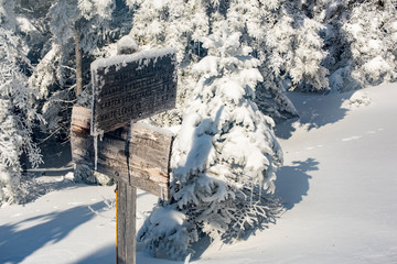 Wooden sign on mount Chocorua covered with ice and snow surrounded with snow covered spruce trees...