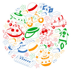 Vector set with toys icons. Pattern for kindergarten.
