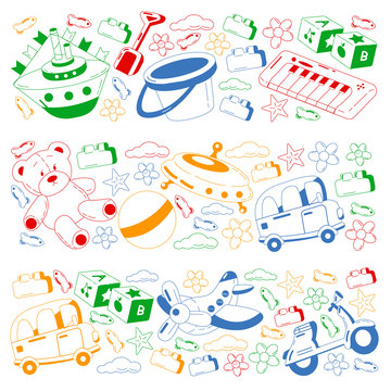 Vector set with toys icons. Pattern for kindergarten.