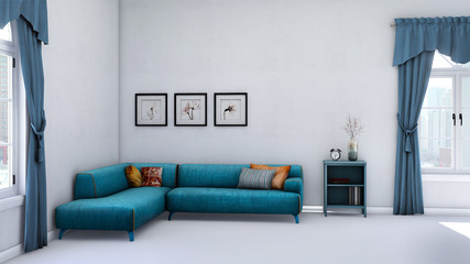 White minimalist living room interior with blue sofa in corner. Scandinavian interior design. 3D illustration