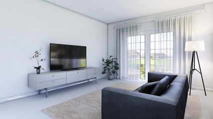 Naklejka na ściany i meble White minimalist living room interior with sofa on a wooden floor, a landscape in window. Scandinavian interior design. 3D illustration
