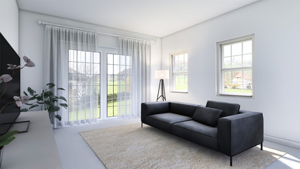 White minimalist living room interior with sofa on a wooden floor, a landscape in window. Scandinavian interior design. 3D illustration
