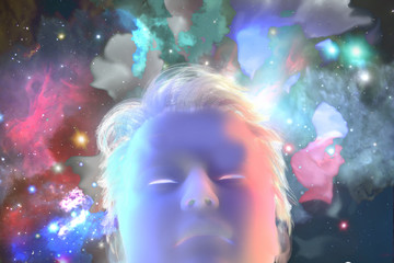 face of man in space as a symbol of philosophy   and psychology of dreams inner reality, mental health, imagination,   thinking and dreaming. 3d render