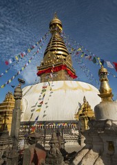 Fototapeta premium Hindu Buddhist Stupa and Prayer Flags at Swayambhunath or Monkey Temple in Kathmandu Nepal