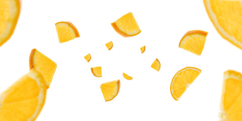 Background orange lemon slices. Citrus fruit tangerine falling on white. Selective focus.