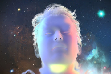 face of man in space as a symbol of philosophy   and psychology of dreams inner reality, mental health, imagination,   thinking and dreaming. 3d render